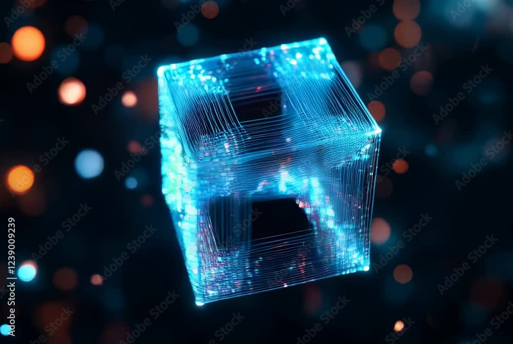 Aufkleber futuristic abstract cube with glowing particles in blue and orange colors representing modern techno