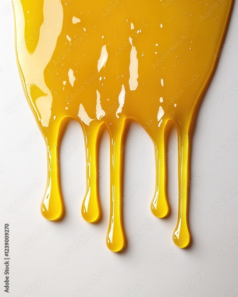 Poster dripping yellow liquid on white surface creating a fluid abstract pattern with bright highlights