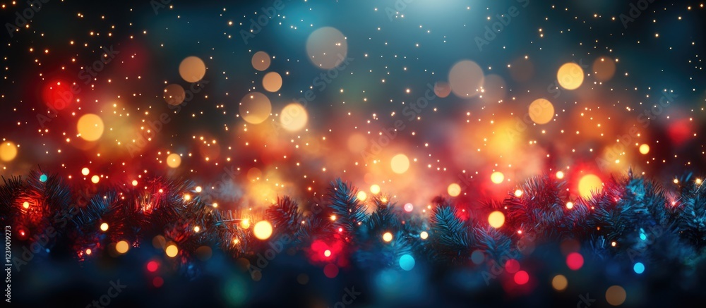 Aufkleber christmas bokeh background with colorful lights and snowflakes over evergreen branches with copy spa