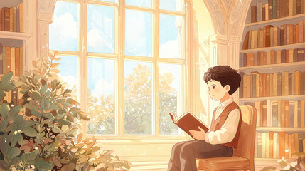 Cozy boy sitting in library reading book, surrounded by bookshelves and sunlight, Lofi streaming background