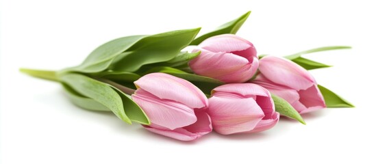 Obraz premium Pink tulip flowers with green leaves isolated on white background Copy Space