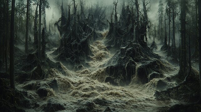 Flooded swamp forest, misty morning, eerie landscape, dark fantasy setting, film backdrop