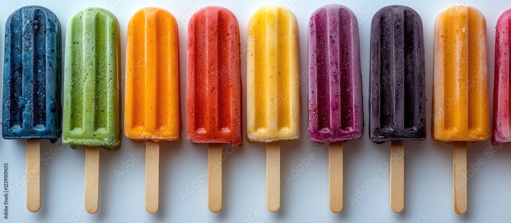 Poster colorful frozen fruit pops arranged in a row on a white background with copy space for text insertio