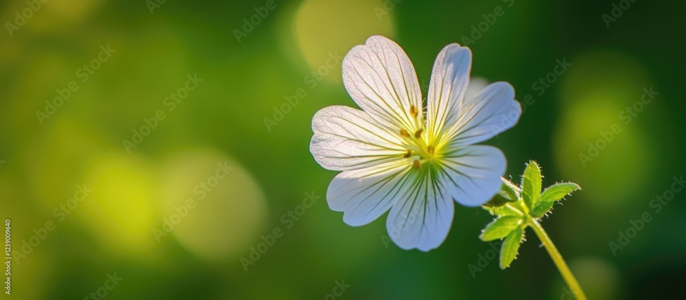 Aufkleber white wildflower in soft focus with green background and abundant copy space for text placement.