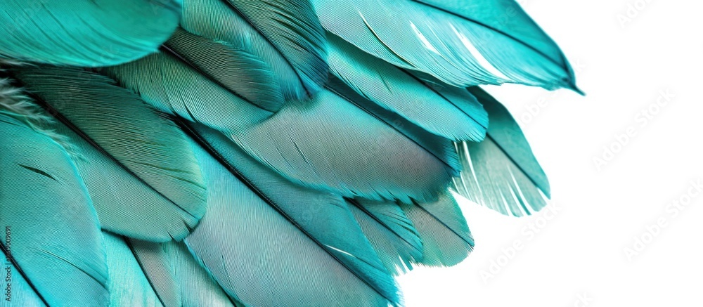 Poster colorful turquoise bird feathers on a white background with copy space for text insertion