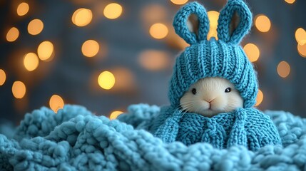 Obraz premium Cute bunny in teal knitted bunny hat and sweater, nestled in a cozy blanket against a bokeh background.