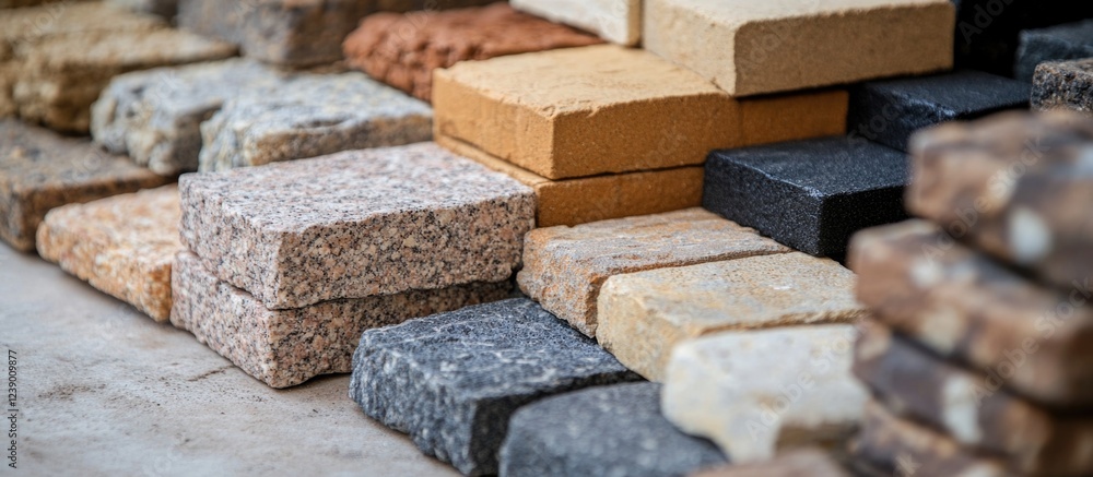 Poster variety of textured stone and brick samples arranged in a stack with natural colors and patterns cop