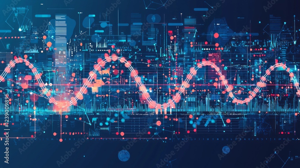 Poster Electric waves of color and data pulse vibrantly through a mesmerizing digital landscape, hinting at a harmonious blend of technology and artistry in a futuristic metropolis
