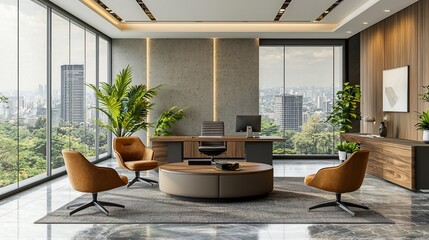 Modern office cityscape view, wood desk, meeting