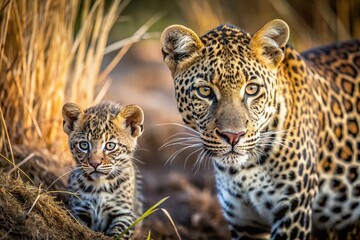 Fototapeta premium Leopard Cub Hunting Lesson: Minimalist Wildlife Photography