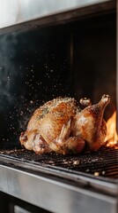 Fototapeta premium Rotisserie chicken slowly turning over open flames with golden-brown skin