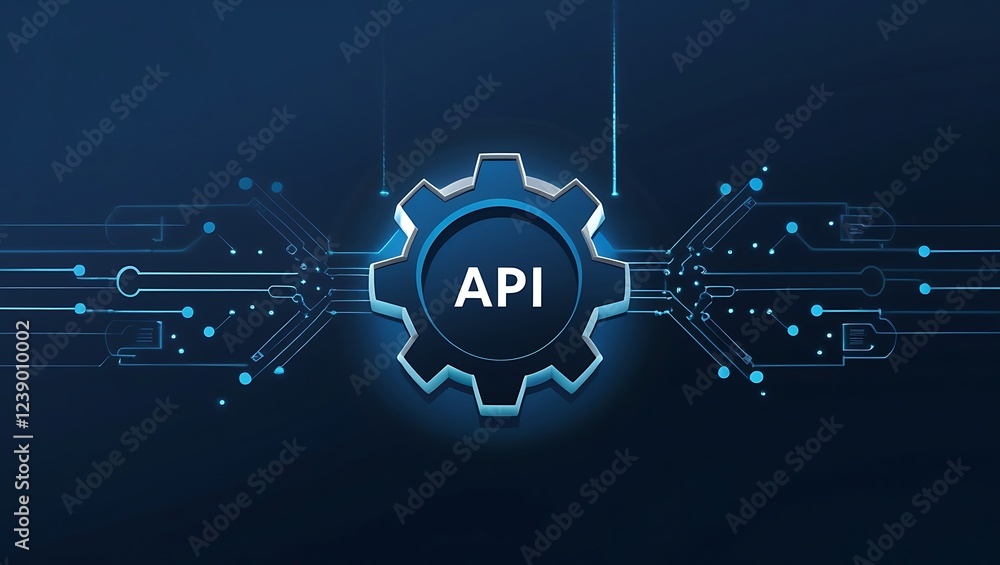 Poster api symbol embedded within a futuristic, glowing blue gear, connected to a complex circuit board