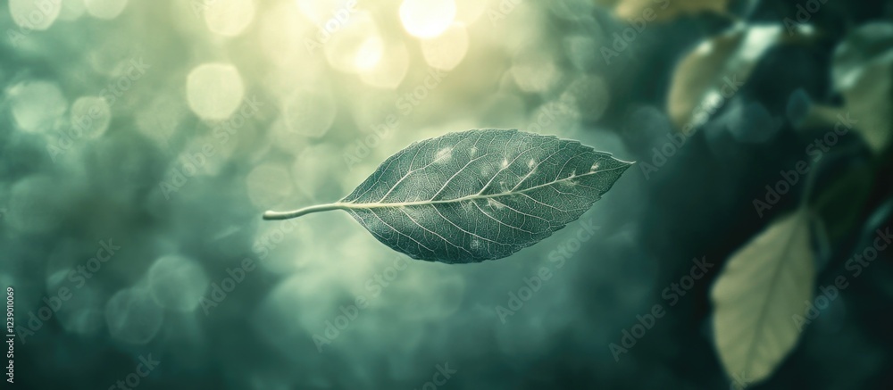 Poster close-up of a single green leaf floating in the air with a blurred background of leaves and soft lig