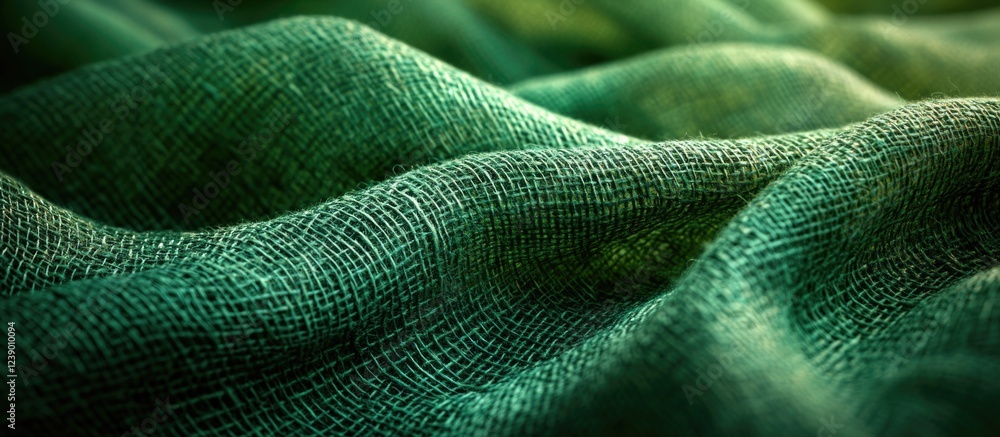 Poster green textured fabric with soft folds and creases captured in natural light, suitable for background