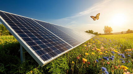 A sleek solar panel reflecting the bright midday sun, surrounded by colorful wildflowers in a thriving green field. Butterflies hover nearby, emphasizing harmony between technology