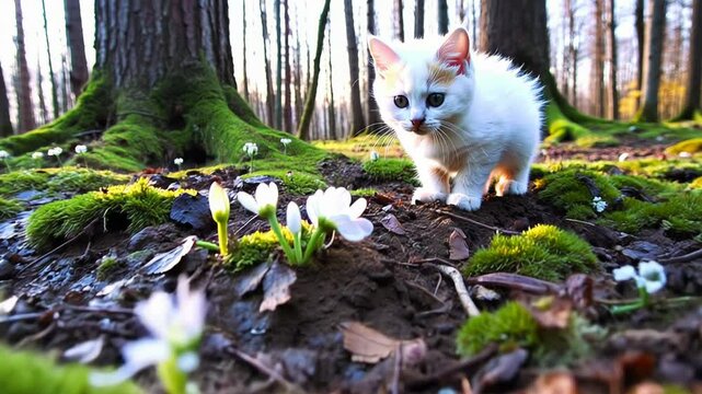 A white Kitten and  snowdrop flower. Spring is coming, snowdrops are growing, funny little cat is curious in the forest.  Animal and nature video, 4k