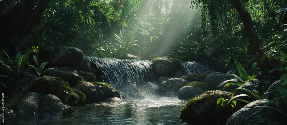 Poster lush tropical rainforest with cascading stream and dappled sunlight filtering through trees copy spa