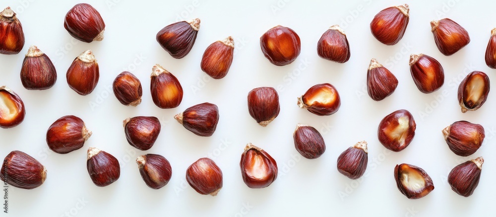 Poster chestnuts on a white background arranged in a flat lay composition with ample copy space for text pl