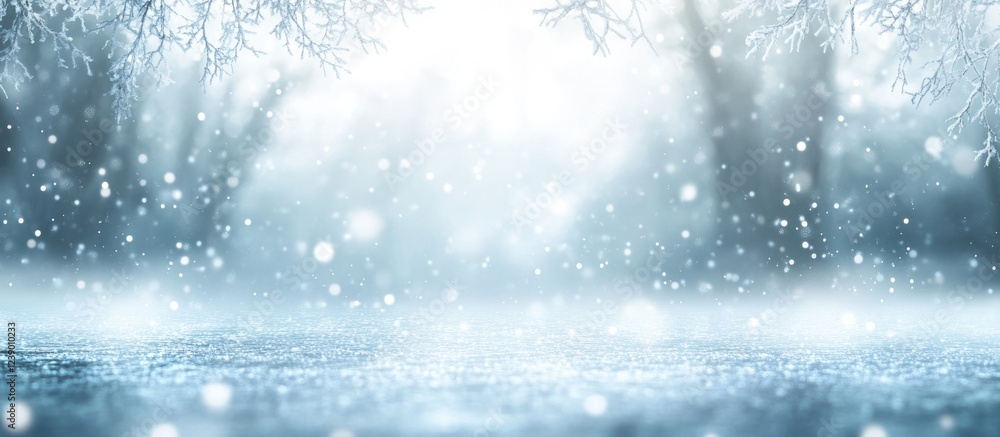 Poster snowy landscape with soft snowfall and foggy atmosphere featuring blurred trees in the background. c