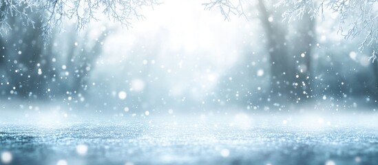 Fototapeta premium Snowy landscape with soft snowfall and foggy atmosphere featuring blurred trees in the background. Copy Space.