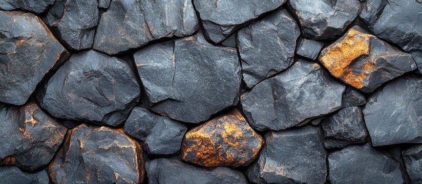 Textured dark grey and brown stone wall with uneven surfaces and copy space for text placement