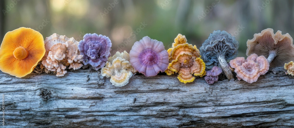 Poster colorful variety of mushrooms growing on a log with a blurred background and copy space for text.