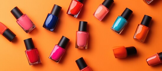 Obraz premium Colorful assortment of nail polish bottles arranged on vibrant orange background with copy space for text
