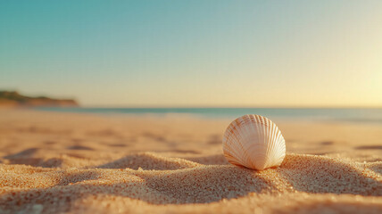 Obraz premium beautiful seashell resting on soft sand at beach during sunset, capturing serene atmosphere of coastal landscape