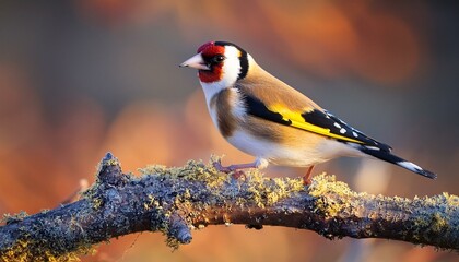colorful little bird is on the tree branch the european goldfinch