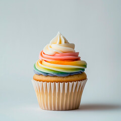 an image of a super cute pastel colored rainbow muffin, isolated on a light background