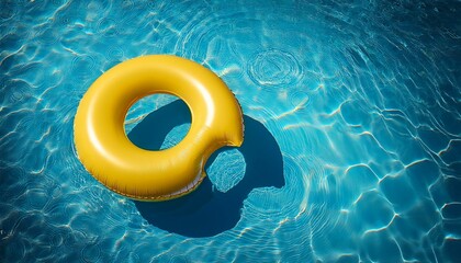 top view yellow pool ring in blue water summer concept