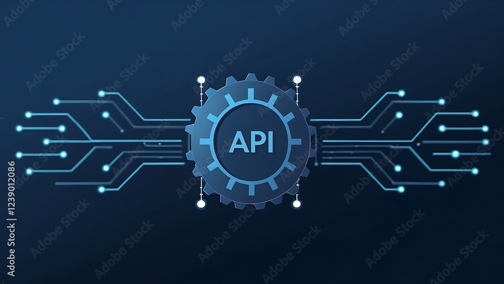 Poster api symbol embedded within a futuristic, glowing blue gear, connected to a complex circuit board