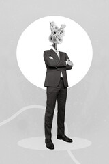 Collage of young entrepreneur man wearing formal suit crossed arms confident person head blooming...