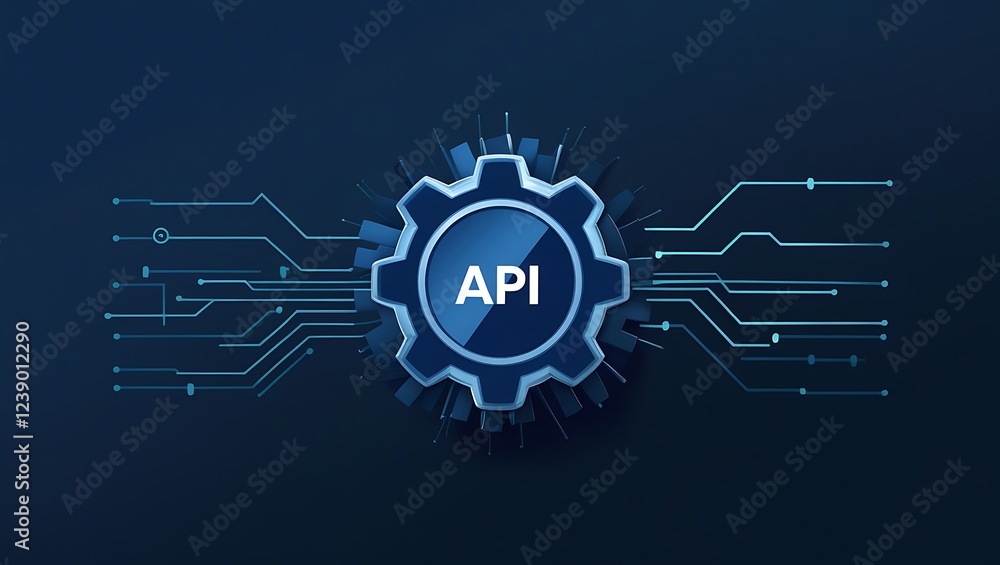 Poster api symbol embedded within a futuristic, glowing blue gear, connected to a complex circuit board