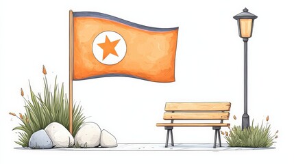 North Korean Flag on Display Near a Park Bench with Lantern and Natural Surroundings
