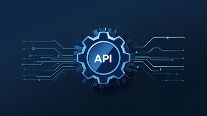 Obraz premium API symbol embedded within a futuristic, glowing blue gear, connected to a complex circuit board 