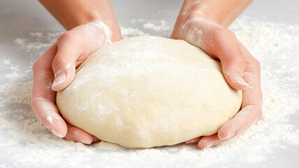 Kneading dough with hands, flour on surface, baking preparation, cooking process, homemade bread, culinary activity, kitchen scene, food preparation, baking ingredients, artisan bread