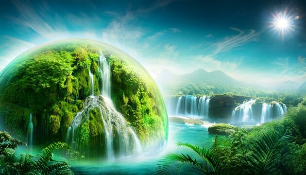 serene emerald planet with cascading waterfalls luminous flora and crystalline structures in an ethereal dreamscape a fantastical otherworldly landscape with a sense of tranquility and wonder