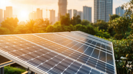 Fototapeta premium Close-up of solar panels on an industrial rooftop, reflecting sunlight with a modern city skyline and infrastructure in the background.