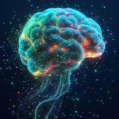 Obraz premium Abstract Brain Illustration with Colorful Dots in Green and Blue for Healthy Nutrition and Probiotics Concept