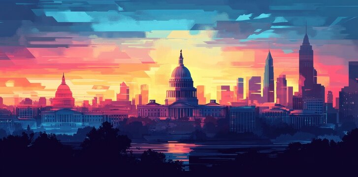 Vibrant Sunset Cityscape Featuring Iconic Capitol Dome