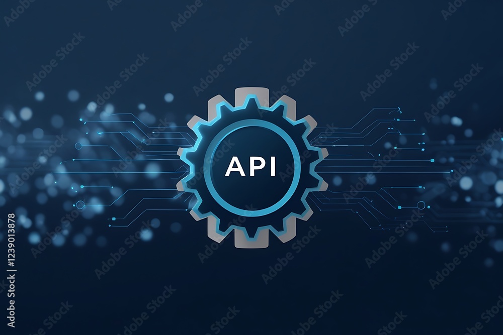 Poster api symbol embedded within a futuristic, glowing blue gear, connected to a complex circuit board