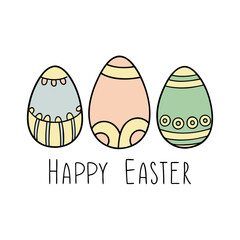 Happy Easter poster with eggs. Set of decorated Easter eggs with pastel colors wishing happy Easter. Vector illustration