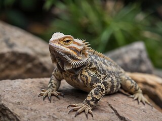 Obraz premium Close-Up Portrait of a Colorful Bearded Dragon Sunbathing on Stones in Its Natural Desert Habitat