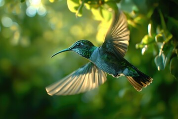 Fototapeta premium Hummingbird in flight with green foliage