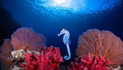 Obraz premium blue seahorse with crimson corals