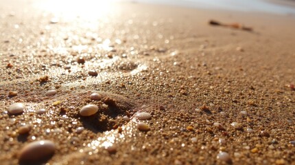 Golden Sunlit Sand with Seashell and Pebbles in a Tranquil Beach Close-Up