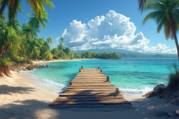 Tropical Island Paradise with Serene Beach Pier and Lush Palm Trees Under Bright Sunlight