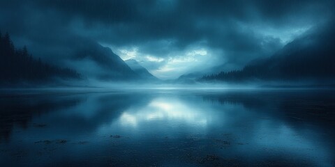 Fototapeta premium Dark Moody Landscape Reflective Rain Droplets Ethereal Light Wide Angle Composition