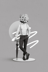 Vertical photo poster of young gentleman suspenders wear formal suit headless yellow bouquet...